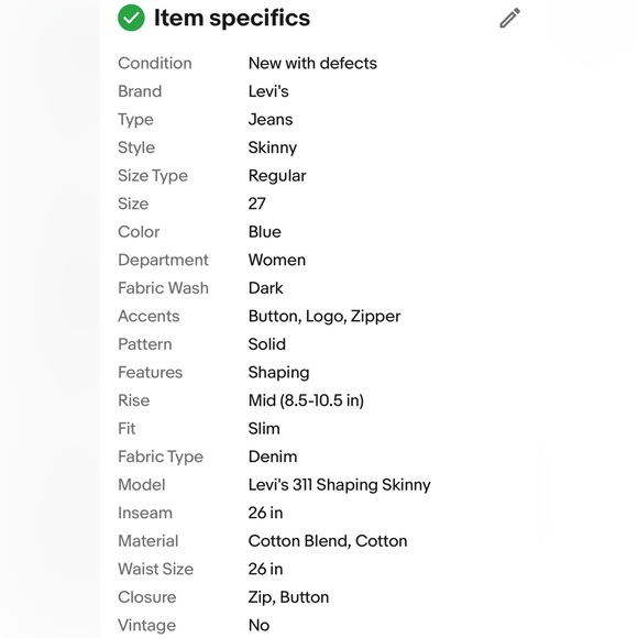 LEVI’S Women’s 311 Shaping Skinny Dark Wash Jeans Size 27 Regular Dark Indigo - Picture 5 of 5